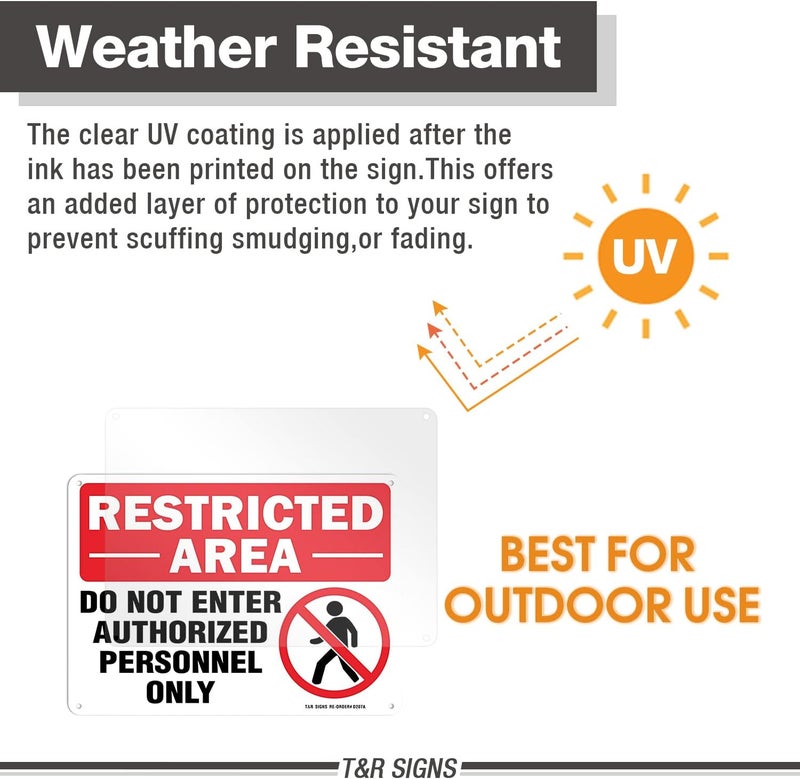 TR Restricted Area Do Not Enter Authorized Personnel Only Sign - 2 Pack - 10 x 7 Inches Rust Free .040 Aluminum - UV Protected, Waterproof, Weatherproof and Fade Resistant - 4 Pre-drilled Holes - Image 3
